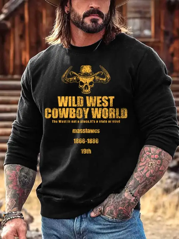 Men's Vintage Western Cowboy Skull World West Print Crewneck Long Sleeve Sweatshirt - Wantbright.com 