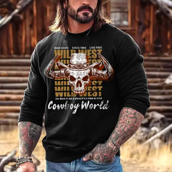 Men's Vintage Western Cowboy Skull World Western Bullhead Print Crewneck Long Sleeve Sweatshirt - Upgradecool.com 
