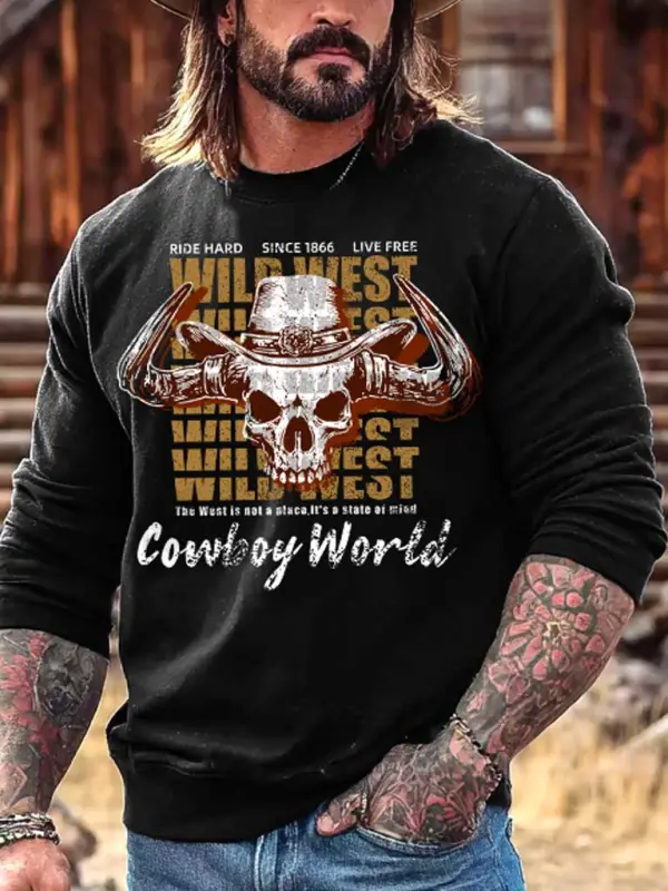 Men's Vintage Western Cowboy Skull World Western Bullhead Print Crewneck Long Sleeve Sweatshirt - Wantbright.com 