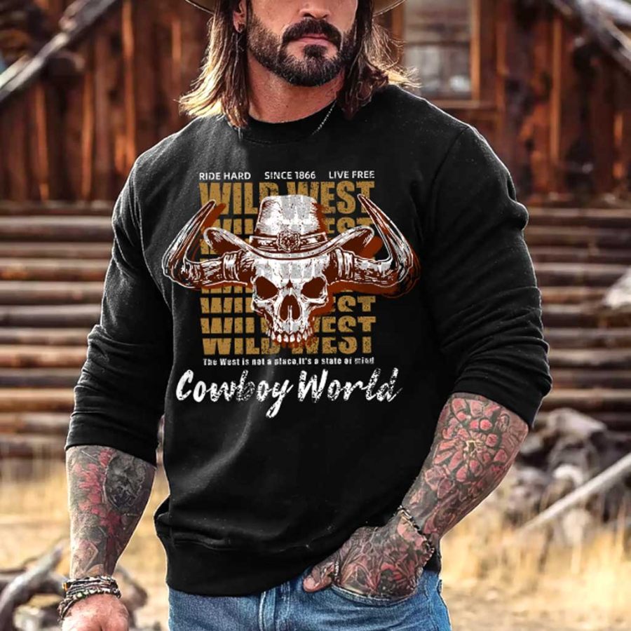 Men's Vintage Western Cowboy Skull World Western Bullhead Print Crewneck Long Sleeve Sweatshirt