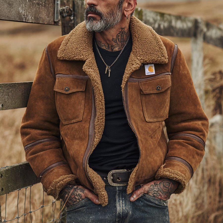 

Make Old Leather Webbing Splicing Suede Winter-Ready Sherpa-Lined Jacket With Classic Style