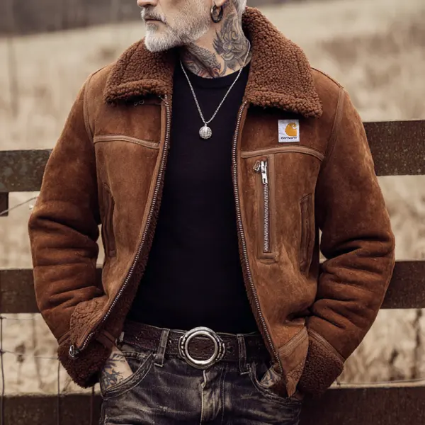 Make Old Leather Webbing Splicing Suede Winter-Ready Shearling Jacket With Stylish Tattoo-Inspired Design - Wayrates.com 