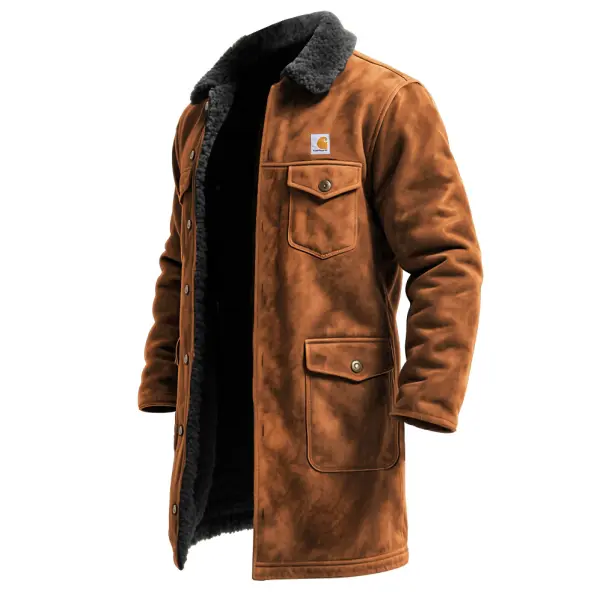 Men's Vintage Western Cowboy Brown Suede Fleece Multi-Pocket Mid-Length Shearling Jacket Coat - Wayrates.com 