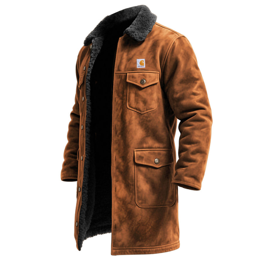 

Men's Vintage Western Cowboy Brown Suede Fleece Multi-Pocket Mid-Length Shearling Jacket Coat
