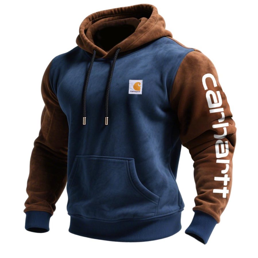 Men's Vintage Western Cowboy Suede Color Block Stitching Pocket Long Sleeve Hooded Sweatshirt