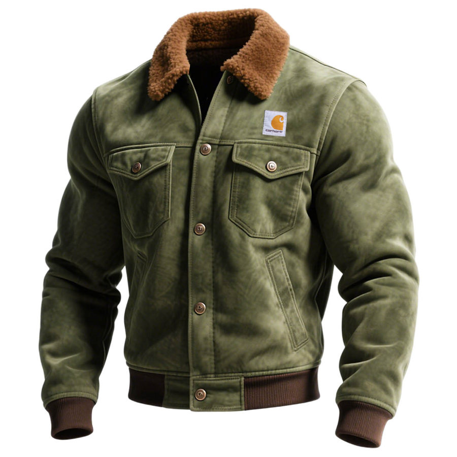 

Men's Vintage Western Cowboy Olive Green Suede Pocket Fur Collar Shearling Jacket