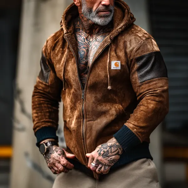 Men's Vintage Brown Suede Hooded Jacket With Leather Elbow Patches - Wayrates.com 