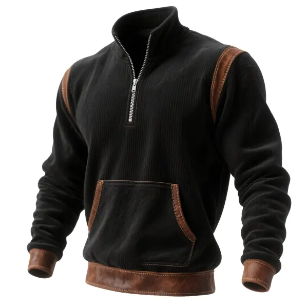 Men's Vintage Black Chenille Sweatshirt With Brown Suede Leather Trim - Wayrates.com 