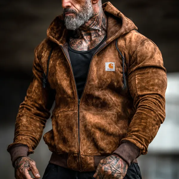 Men's Vintage Rugged Brown Suede Hooded Jacket - Wayrates.com 