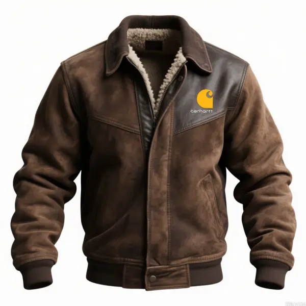 High Weight Suede Leather Splicing With Added Velvet Classic Bomber Jacket With Distressed Finish And Logo Print - Wayrates.com 