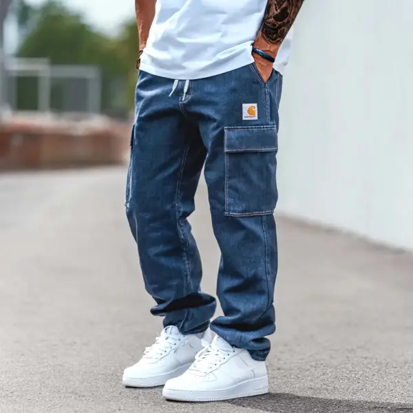 Men's Vintage Denim Washed Distressed Multi-Pocket Elastic Drawstring Cargo Trousers - Wayrates.com 