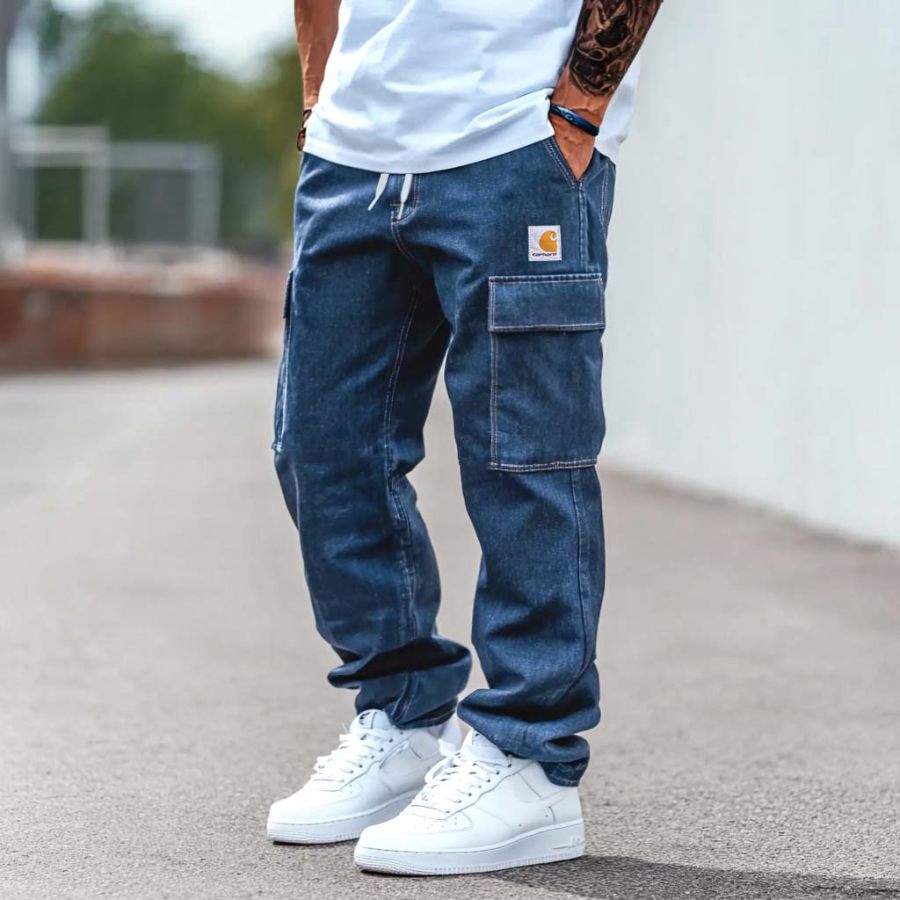 

Men's Vintage Denim Washed Distressed Multi-Pocket Elastic Drawstring Cargo Trousers