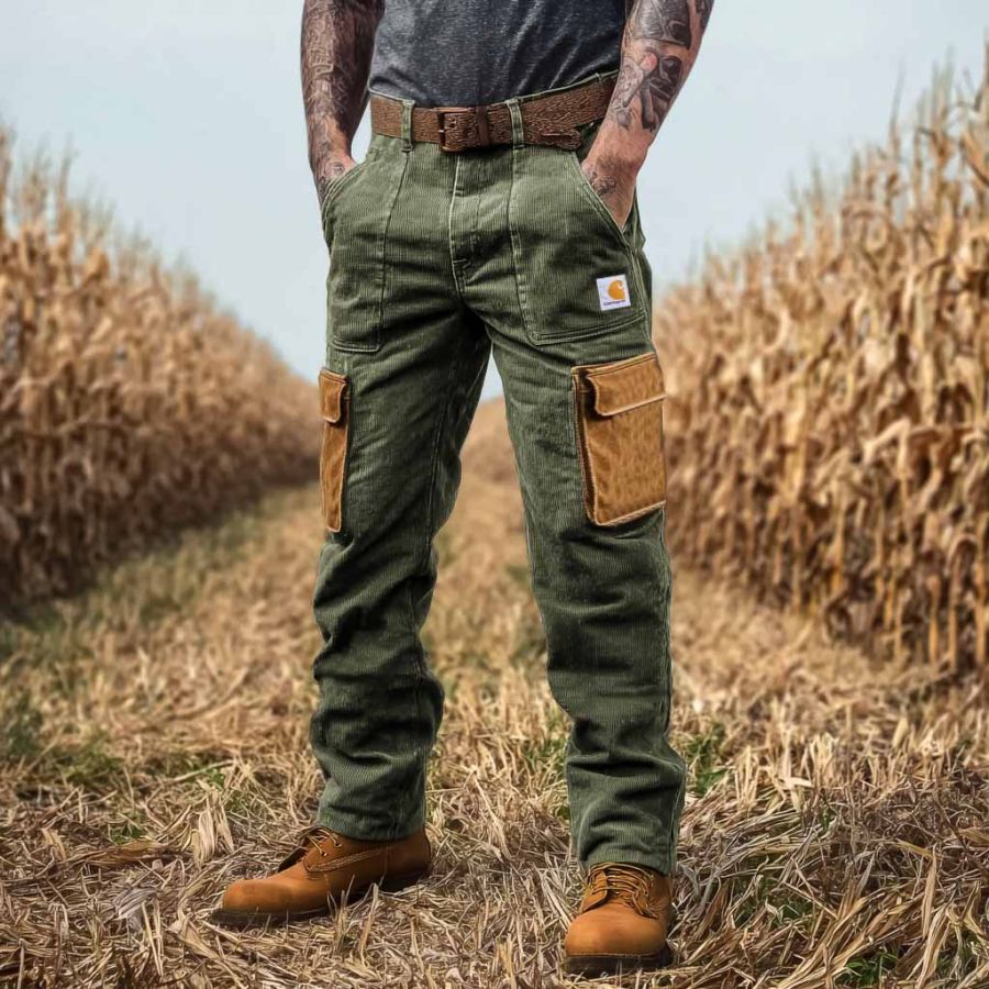 Carhartt Men's Vintage Western Cowboy Army Green Corduroy Suede Cargo Pants Trousers