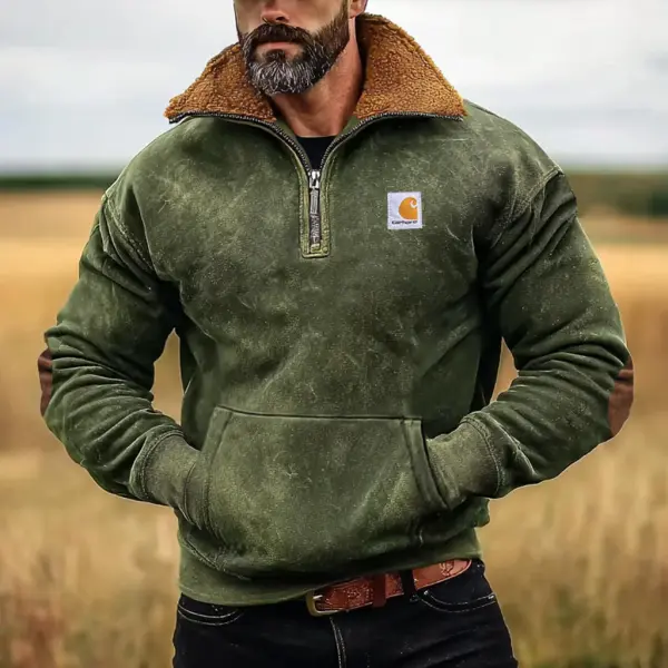 Carhartt Men's Vintage Suede Stitching Army Green Quarter Zip Collar Sweatshirt - Rabclub.com 