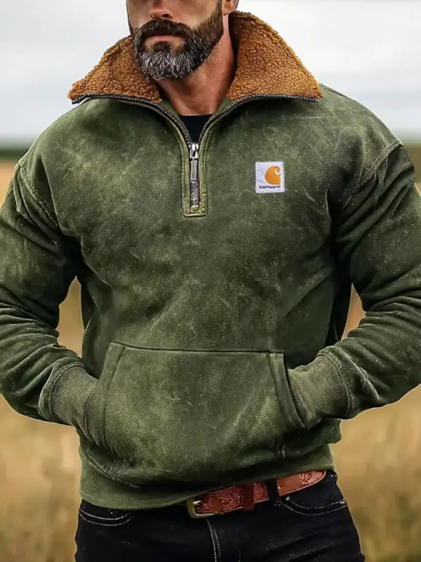 Carhartt Men's Vintage Suede Stitching Army Green Quarter Zip Collar Sweatshirt - Menbarn.com 