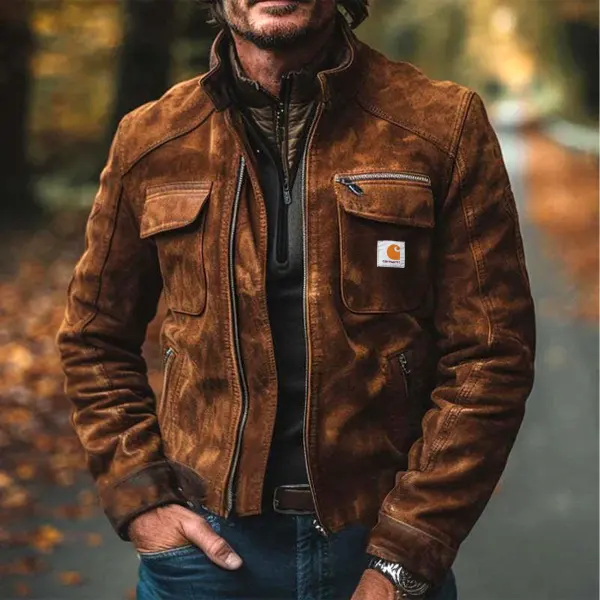 Men's Vintage Suede Rustic Brown Jacket With Functional Pockets - Wayrates.com 