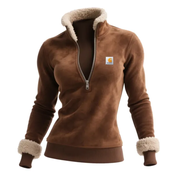 Retro Western Style Women's Suede Contrast Color Stitching 1/4 Zip Stand Collar Sweatshirt - Wayrates.com 