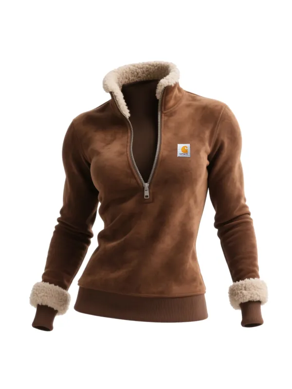 Retro Western Style Women's Suede Contrast Color Stitching 1/4 Zip Stand Collar Sweatshirt - Hoplady.chimpone.com 
