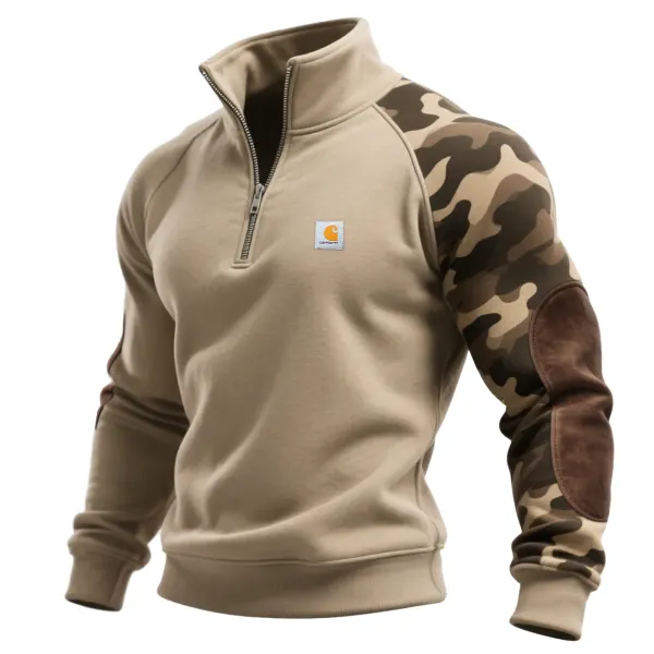 Outdoor Men's Casual Camouflage Contrast Color Stitching Sweatshirt Retro Half Zip Stand Collar Sweatshirt - Wayrates.com 