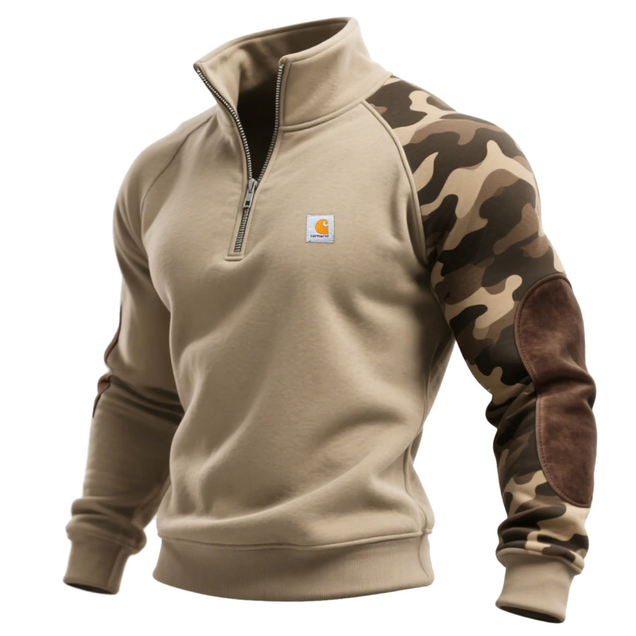 Outdoor Men's Casual Camouflage Contrast Color Stitching Sweatshirt Retro Half Zip Stand Collar Sweatshirt