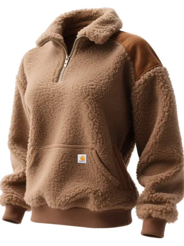 Carhartt Women's Retro Western Lambswool Contrast Color 1/4 Zip Lapel Sweatshirt - Wantbright.com 