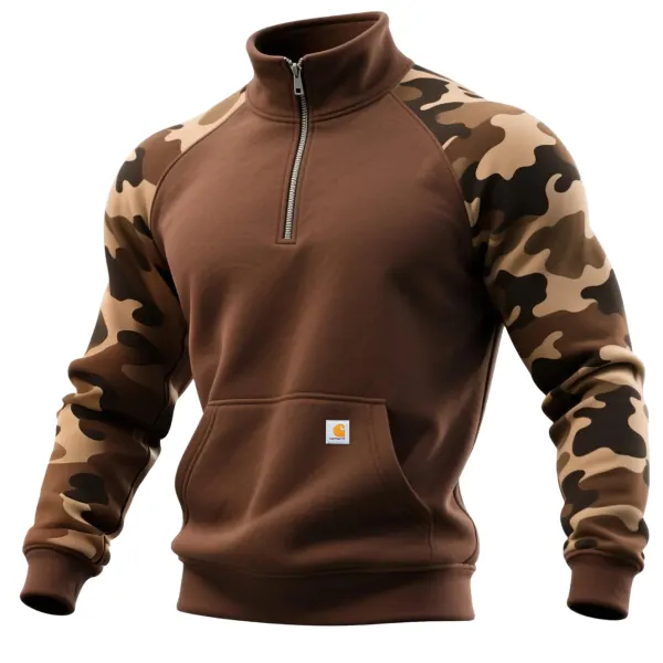 Outdoor Men's Casual Contrast Color Camouflage Stitching Sweatshirt Retro Half Zip Stand Collar Raglan Sleeve Sweatshirt - Wayrates.com 