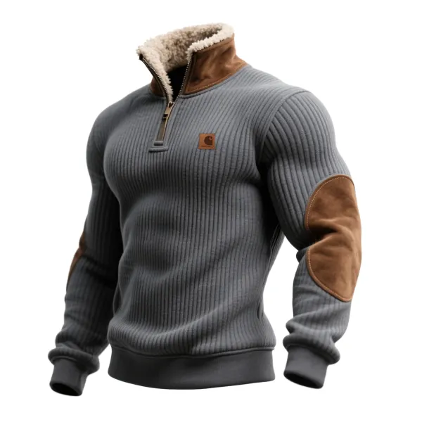 Outdoor Men's Casual Striped Plus Velvet Stand Collar Sweatshirt Retro 1/4 Zipper Top - Wayrates.chimpone.com 