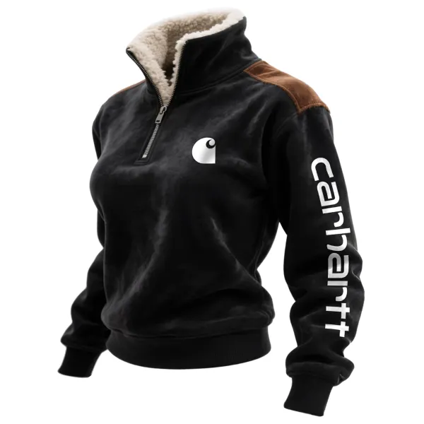 Retro Western Style Women's Contrast Color Patch Suede 1/4 Zip Stand Collar Sweatshirt - Wayrates.com 