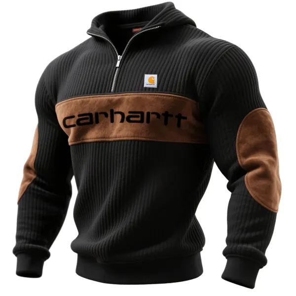 Outdoor Men's Casual Vertical Stripes Stitching Contrast Color Suede Sweatshirt Retro Hooded Sweatshirt - Wayrates.com 