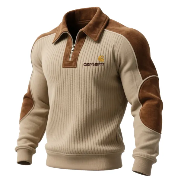 Outdoor Men's Casual Striped Contrast Color Stitching Stand Collar Sweatshirt Retro 1/4 Zipper Lapel Top - Wayrates.com 