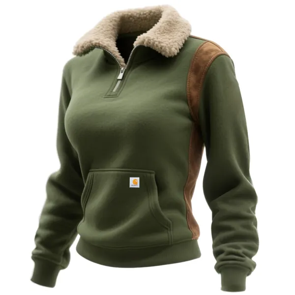 Retro Western Style Carhartt Women's Contrast Color Stitching 1/4 Zip Stand Collar Sweatshirt - Wayrates.com 