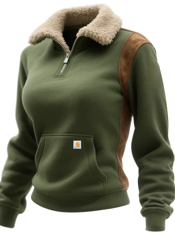 Carhartt Women's Retro Western Contrast Color 1/4 Zip Stand Collar Sweatshirt - Wantbright.com 