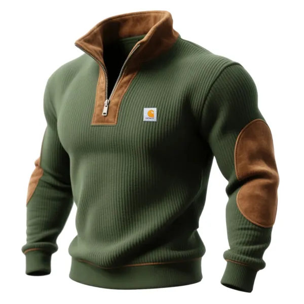 Outdoor Men's Casual Vertical Stripes Contrast Color Stitching Suede Sweatshirt Retro Half Zip Stand Collar Sweatshirt - Wayrates.com 
