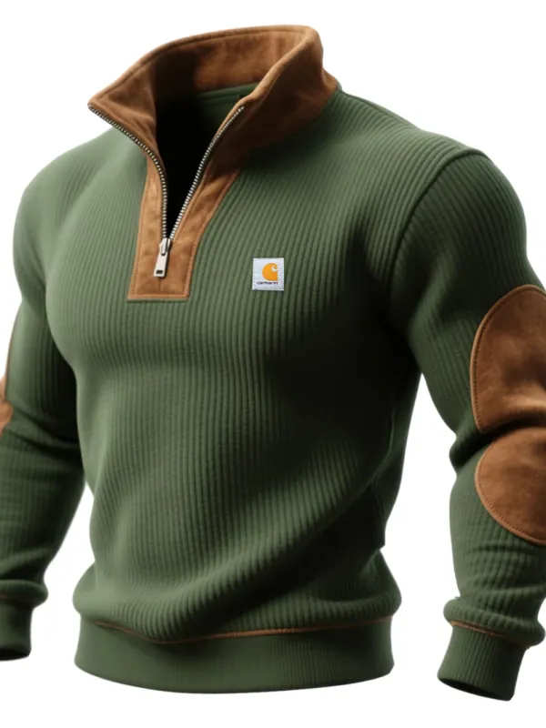 Carhartt Men's Vertical Striped Suede Panel Half-Zip Stand Collar Sweatshirt - Menbarn.com 