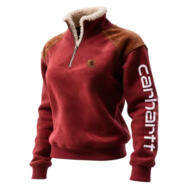Retro Western Style Women's Suede Contrast Color Stitching 1/4 Zip Stand Collar Sweatshirt - Wayrates.com 