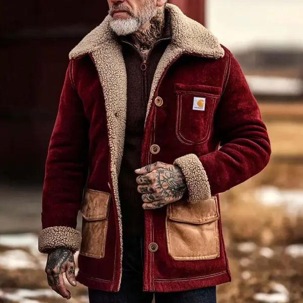 Men's Vintage Western Cowboy Burgundy Suede With Leather Pocket Fleece Shearling Jacket - Wayrates.com 