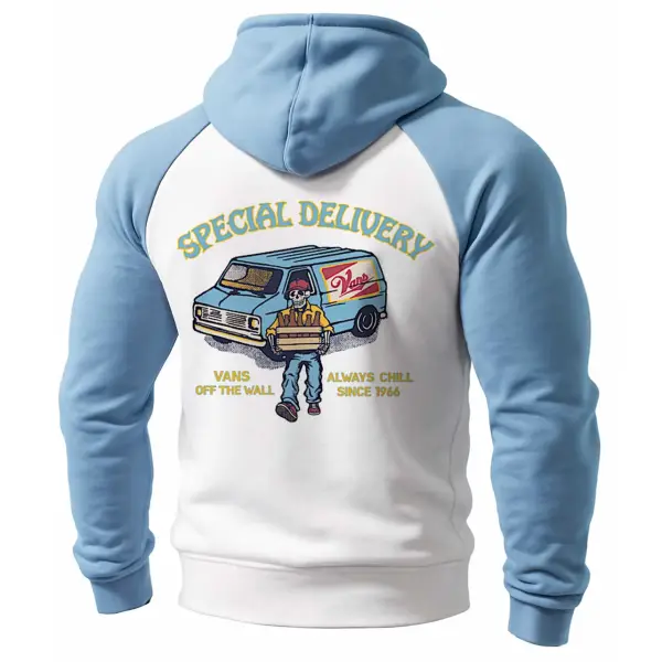 Men's Vintage Off The Wall Skull Print Pocket Raglan Long Sleeve Hoodie - Upgradecool.com 