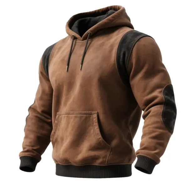 Men's Vintage Brown Hooded Sweatshirt With Leather Accents - Upgradecool.com 