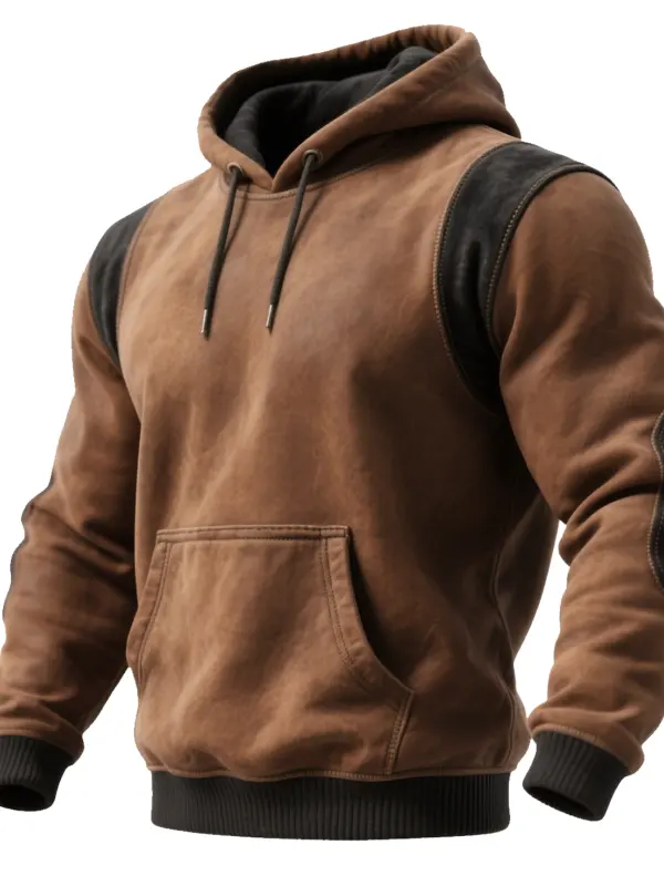 Men's Vintage Brown Hooded Sweatshirt With Leather Accents - Pragmaace.com 