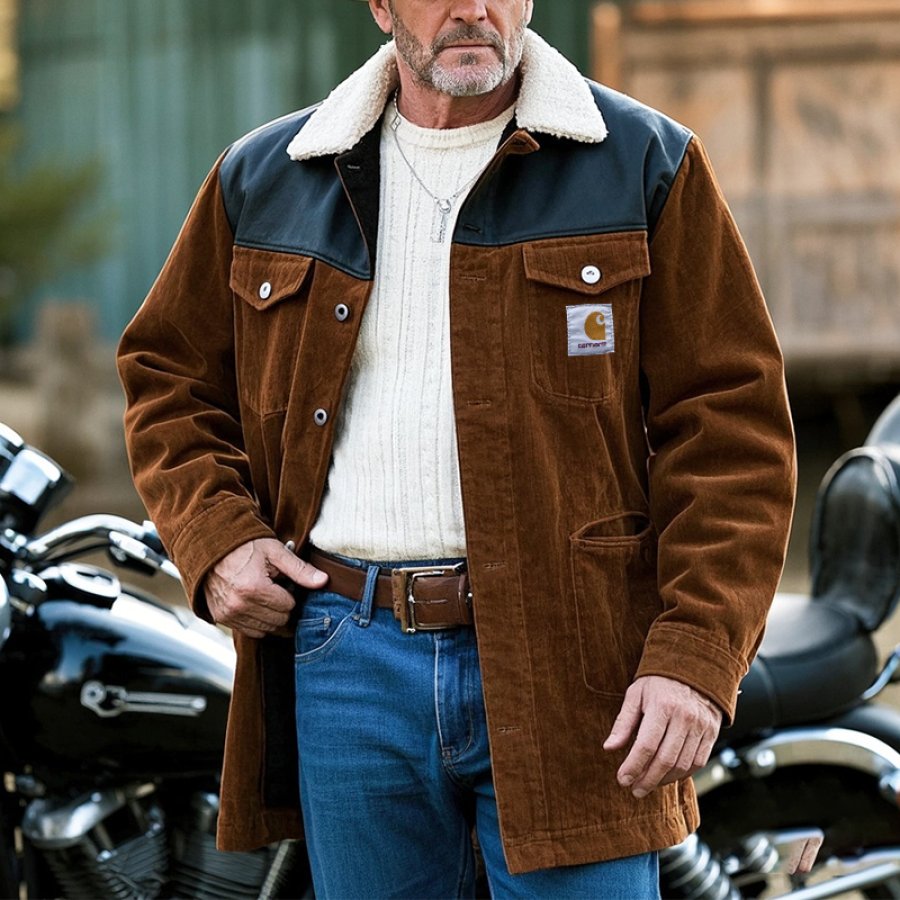 

Men's Vintage Rustic Brown Cargo Jacket With Sherpa Collar