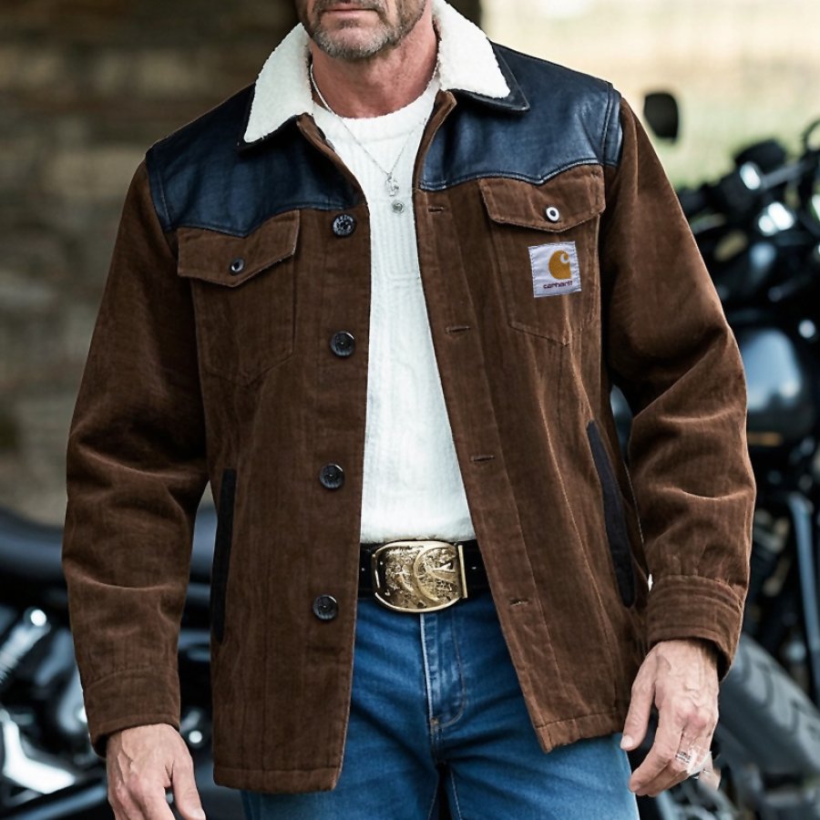 Men's Vintage Motorcycle Pocket Cargo Jacket With Shearling Collar