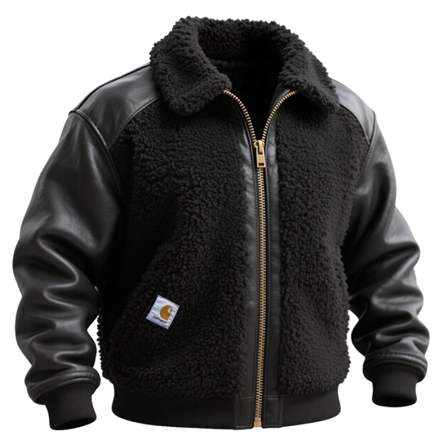 Men's Vintage Motorcycle Style Leather And Teddy Fleece Patchwork Bomber Jacket
