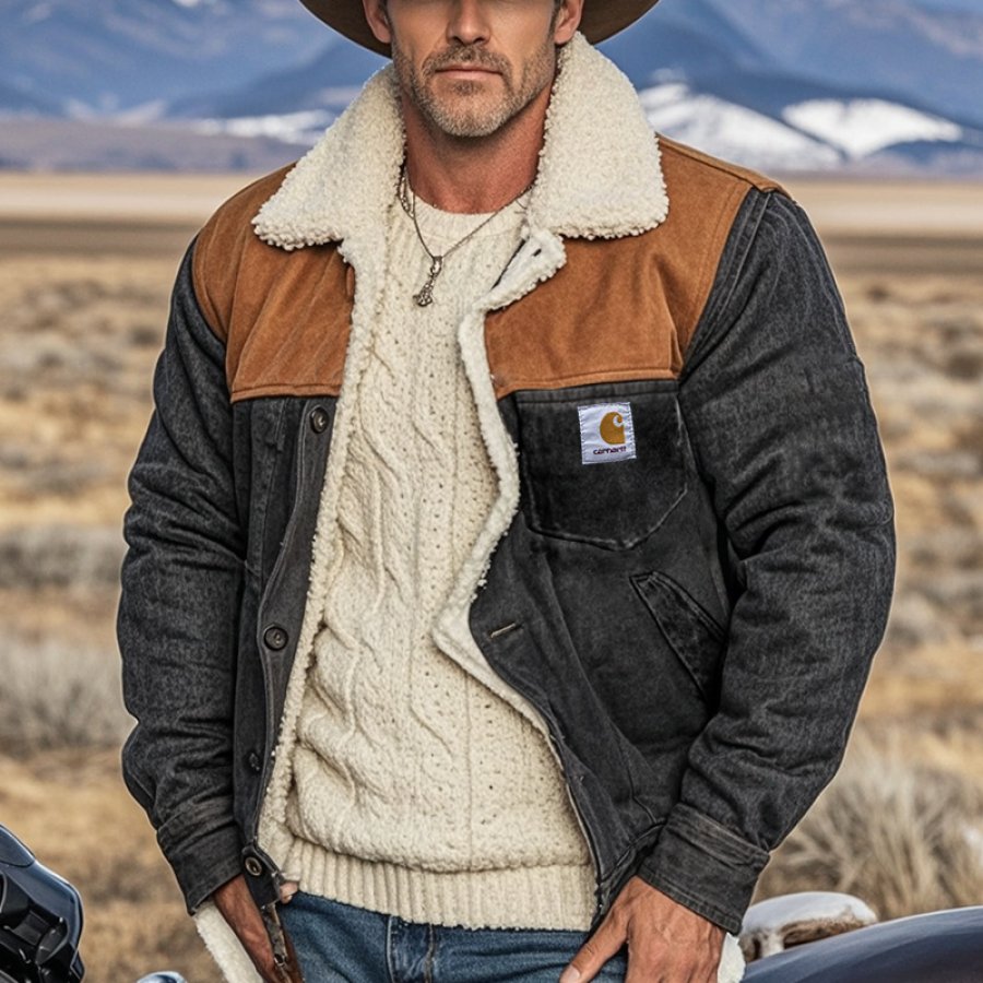 Men's Vintage Rugged Winter Style Sherpa Jacket With Brown Suede Patchwork