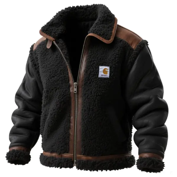 Men's Vintage Country Winter Sherpa Jacket With Suede Leather Sleeves - Wayrates.com 