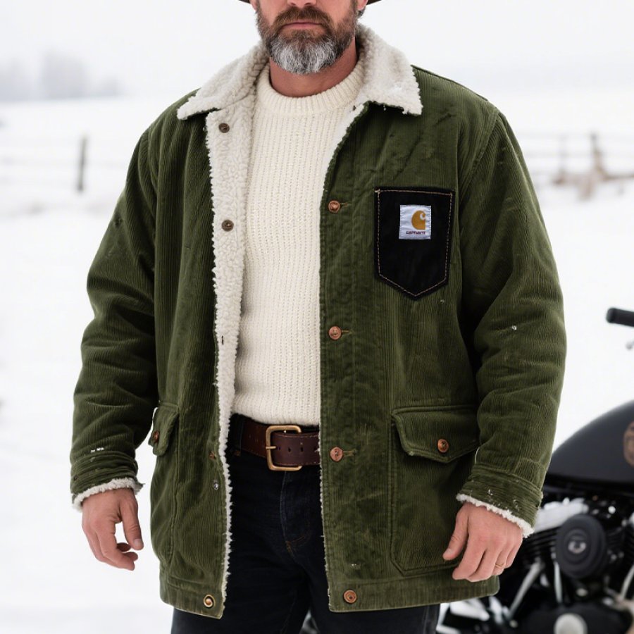 Men's Vintage Warmth Green Corduroy Jacket With Faux Shearling Lining