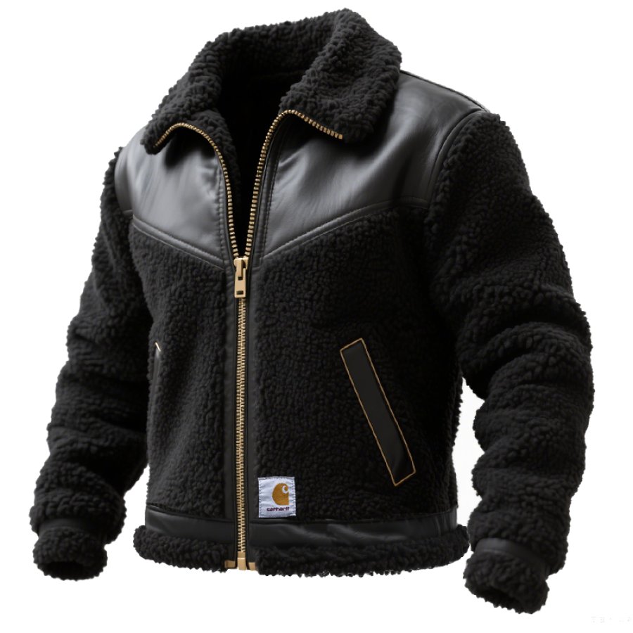 Men's Vintage Motprcycle Teddy Fleece And Leather Patchworl Jacket