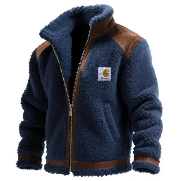 Men's Winter Sherpa Jacket With Brown Suede Leather Trim - Wayrates.com 