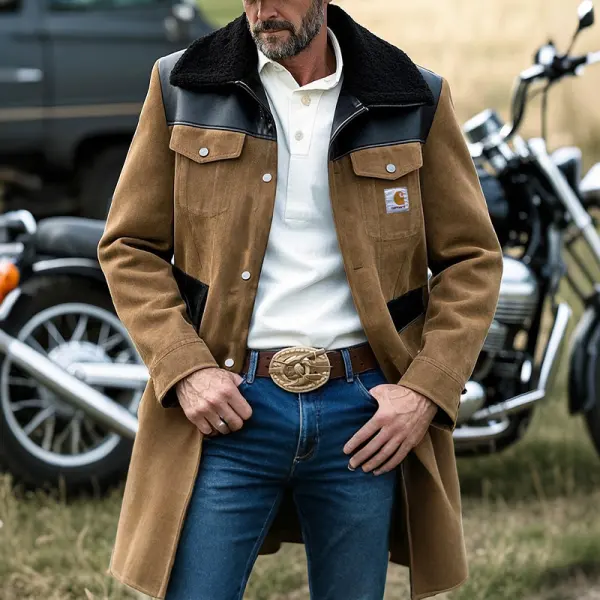 Men's Vintage Rustic Brown Jacket With Leather Fleece Collar Accents And Cowboy Style - Wayrates.com 