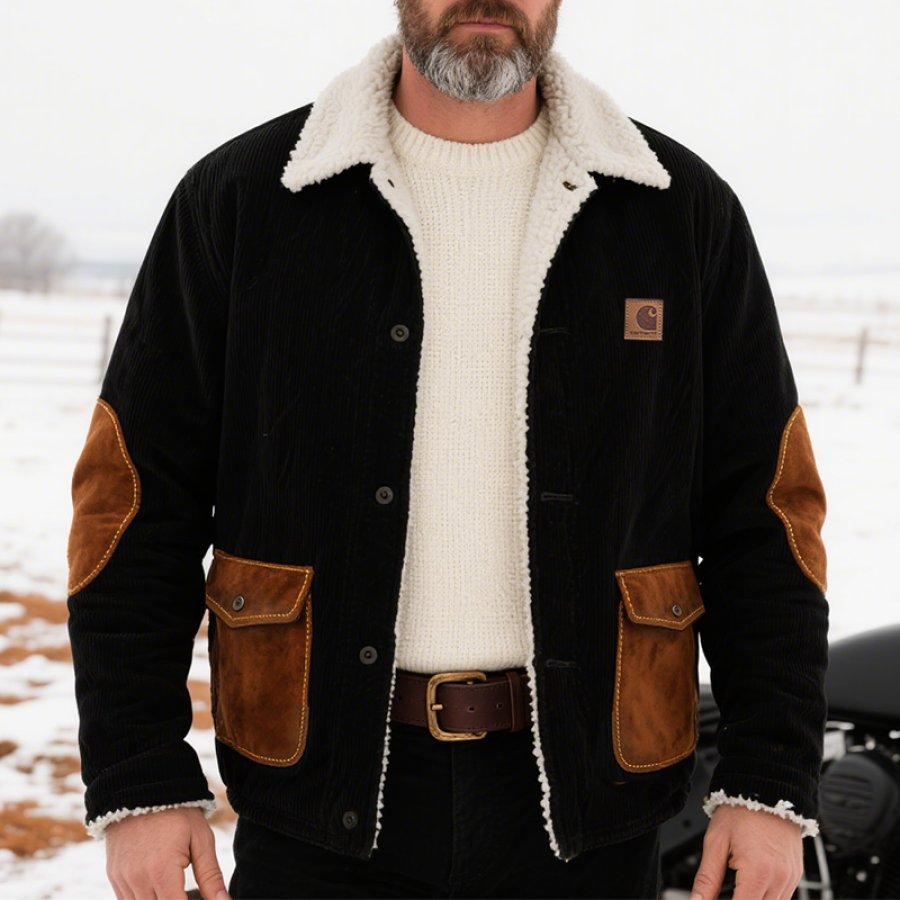 

Men's Vintage Western Corduroy Fleece Jacket With Brown Suede Accents