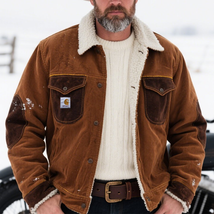 Men's Vintage Western Rustic Winter Style Brown Sherpa Lining Corduroy Jacket With Suede Pocket